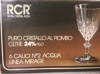 Box showing brand RCR Royal Crystal Rock, model Linea Mirage, indicating 6 lead crystal water glasses with 24% PbO content.