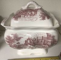 Photo of the ceramic soup tureen with lid showing the brown scenic transfer design and ornate shape.