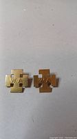 Front view of two gold pins with W A initials against white background