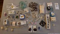Photo showing entire assortment of costume jewelry items laid out on a surface, including necklaces, earrings, brooches, and bracelets.