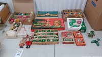 Full lot overview showing multiple boxes of bubble lights, ornaments and figurines