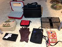 Full lot arranged on carpet showing jewelry box, travel bag, gloves, wallets, and purses.