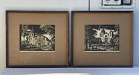 Two framed woodblock prints by Friedolin Kessler side by side, showing California missions, in wooden frames with tan mats