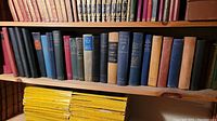 Wide view of multiple rows of vintage and antique books on a wooden shelf, showing various authors and bindings including thick and thin volumes in multiple colors.