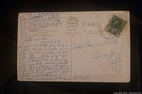 Full antique postcard showing handwritten text and the green King Edward one cent stamp on upper right corner.