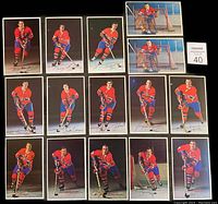 Full set of 15 Montreal Canadiens hockey player blank-backed postcards from 1969-1971 with facsimile autographs laid out in grid.