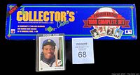 Photo of the blue box labeled 'The Collector's Choice' 1989 Complete Set with Ken Griffey Jr. Rookie Card displayed in front, card enclosed in protective sleeve.