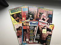Photo showing 8 wrestling magazines with vibrant covers featuring Hulk Hogan, Rick Flair, Andre the Giant and others, laid out to show fronts.