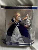 Full front view of Millennium Princess Barbie Doll in original clear box packaging, showing gown and tiara.