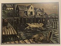 Close-up of the watercolour painting showing the harbour scene with houses, dock, and boat with a figure in muted tones.