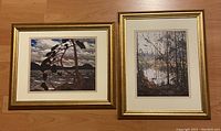 Both framed prints together: 'Northern River' on right and 'The West Wind' on left, showing overall good condition and golden frames.
