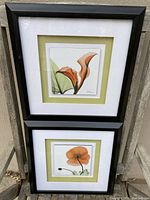Two framed prints stacked vertically showing orange flower artwork with black frames and green and white mats.