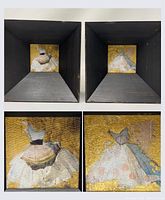 Pair of original paintings mounted in deep black rustic wooden frames shown from an angle to highlight depth