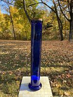 Full view of the tall cobalt blue glass cylinder vase standing outdoors on a white surface with autumn leaves and trees in background. Straight cylindrical shape with circular base.