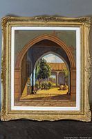 Full view of framed oil painting showing overall appearance, frame details and minor wear