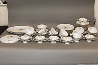 Full set of Rosenthal Classic Rose china dishes including platters, plates, cups, saucers, and gravy boat arranged in rows on gray background.