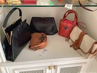 All five handbags arranged on white surface