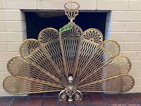 Front view of open peacock-shaped folding screen in front of fireplace