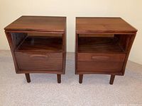 Front view of both teak end tables showing open shelf and drawer