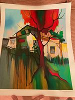 Full view of unsigned print showing house and large red-green tree in colorful landscape.