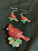 Clear image of red cardinal pin and matching earrings displayed on black fabric
