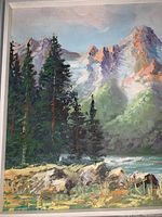 Close-up of lower left section showing pine trees and rocks in the landscape painting.