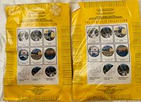 Back sides of the two yellow plastic packaging envelopes, showing the design collection samples and kit details for Peaks and Pines series.