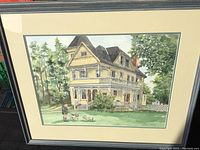 Full view of framed watercolour painting depicting heritage home, child, and two dogs