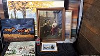 Seven pieces of artwork arranged together, six are framed showing different rural and natural scenes including horses, people, and landscapes.