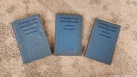 Front view of all three volumes side by side on carpet, showing blue covers and titles.