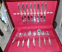 Open wooden case lined with red fabric showing knives held in upper section and assorted spoons and forks in lower section slots.