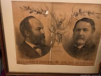 Framed antique 1881 election poster showing Gen'l James A. Garfield and Gen'l Chester A. Arthur with visible aging, tear, and matting.