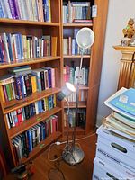 Photo showing metal floor lamp near bookshelf and piles of books and papers, featuring an adjustable metal shade illuminated.