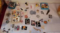 Overview of pins and brooches spread out on a white surface showing variety of styles, shapes and colors