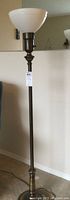 Photo displaying the upper portion of the floor lamp with the glass shade and metal rod body.