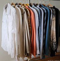 Showcases 11 women's long sleeve button down shirts in various colors, patterns, and fabrics on hangers.