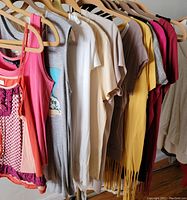 Photo of 12 women’s sleeveless and short sleeve knit tops of varying colors, styles, and sizes hanging on wooden hangers on a rod.