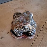 Top-down angle showing polished stone frog with natural patterns on wooden stand.