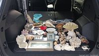 Overview of all items spread on car trunk including shells, framed art, porcelain figurines, soap, and wind chime