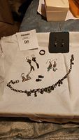 Full view of all items including earrings, bracelet necklace, and ring laid on a white cloth.