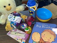 Photo of all items including book, bowls, digital thermometer in packaging, 2 cups, rubber and stuffed ducks, and soft toy duck