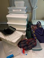 Stack of clear plastic storage bins and totes with white lids, a label marked 'Dr. Stanley BIBLE', various small plastic bins and lids, and fabric bags alongside.