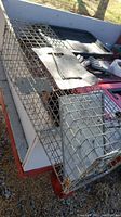 Photo showing side and top view of metal wire live catch animal trap including spring-loaded door and flat trigger plate.