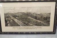 Framed panoramic black and white photograph showing ruins and destruction in San Francisco post-1906 earthquake with accentuated hills in background.