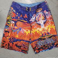 Front view of Santana swim shorts featuring colorful cosmic and psychedelic artwork with the Santana logo.