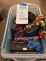 Top view of assorted eyeglasses in a clear plastic bin, with some frames resting on soft fabric pouches.