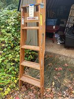 Full view of the 5ft wooden step ladder outside a shed, showing five steps and wood grain.
