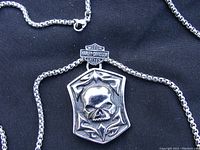 Front view of Harley Davidson shield-shaped skull pendant on stainless steel chain against black background.