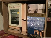 Photo of books including 'The Whirlpool' by Jane Urquhart and 'Sailing the Wine-Dark Sea' by Thomas Cahill showing condition and box storage