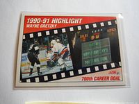 Front of 1990-91 Wayne Gretzky hockey card showing 700th NHL goal highlight.